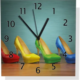 Wallario Design Wanduhr Bunte Schuhe - High Heels für Frauen aus Aluverbund, Größe 30 x 30 cm - Türkis