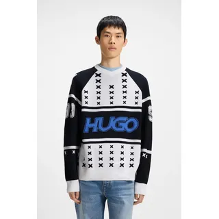 V-Ausschnitt-Pullover HUGO BLUE "Shalock", Herren, Gr. XXL, weiß (weiß100), Strick, Obermaterial: 51% Polyacryl, 47% Baumwolle, 2% Polyester, Intarsienmuster, hüftlang, V-Ausschnitt, Bündchen, Pullover V-Ausschnitt-Pullover, mit aufwendiger Intarsie