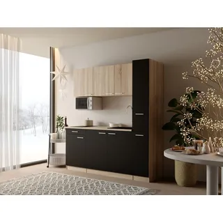 Küche Küchenzeile Singleküche Eiche Schwarz Ingrid 180cm o. Kühlschrank Respekta