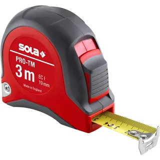 Sola PRO-TM - Bandmaß 3m / 19mm - robustes Profi-Rollbandmaß mit Gürtelclip - Stahlband, gelb lackiert mit mm Skala - Genauigkeitsklasse I - Rollmeter mit beweglichem Endhaken - Länge 3m/19mm