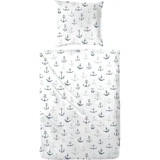Hahn Renforcé Baumwoll Bettwäsche Blaue Anker - 2 teilig Bettwäsche-Set 135x200 + 80x80 cm - Weiß