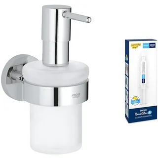 GROHE Start - Seifenspender mit Halter (Füllmenge 160ml, Material: Glas/Metall, verdeckte Befestigung, langlebig), Chrom, 41195000 + Kleber für Badaccessoires