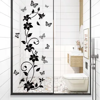 SHUCHING Wandtattoo Blumenranke Schwarze, Wandsticker Blumen Schmetterling Schwarz, Selbstklebend Wandaufkleber für Wohnzimmer Schlafzimmer Badezimmer Modern