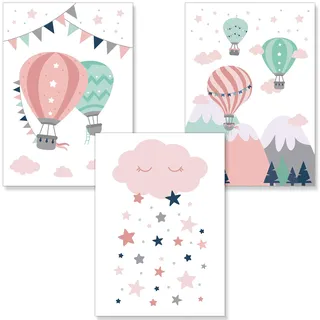PREMYO Bilder Kinderzimmer Deko Mädchen - Heißluft-Ballon Poster Set Babyzimmer - Wandbilder Schlafzimmer Wolke Rosa A4