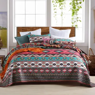 Qucover Tagesdecke 220x240, Reversible A/B-Seite Bettüberwurf Set mit 2 Kissenbezüge 50x75cm für Doppelbett, Indische Doppelbett Bettüberwurf Sofa Überwurfdecke Wohndecke (Bunte-3, 220x240cm)