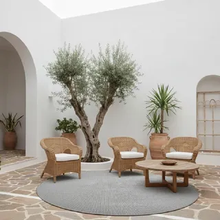 Tadi & Imperio1979 Runder Teppich für den Innen- und Außenbereich, Teppich ohne Flor, silberfarben, Durchmesser 100 cm, Teppich aus Synthetikfaser für Wohnzimmer und Terrasse