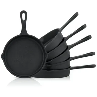BBQ-Toro Gusseisen Grillpfännchen (6-er Set) | Ø 12,5 cm | bereits eingebrannt - preseasoned | Gusseisen Grillpfannen, Pfännchen, Servierpfanne, Grillpfanne, Gusspfanne, inkl. 2 Ausgießer am Rand