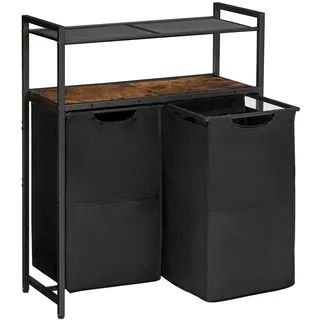 HOOBRO Wäschesammler mit Ablage, Wäschekorb 2 Fächer 99 L, Wäschebox mit Metallregal und Fronttaschen, Wäschekorb Regal mit verstellbaren Füßen, für Badezimmer, Waschküche, Vintagebraun EBF73XY01