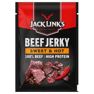 Jack Links Beef Jerky Sweet & Hot – 12er Pack (12 x 25g) – Trockenfleisch Eiweiß Snacks - High Protein Snack für Gym, Fitness, Outdoor - American Food für Menschen - Dörrfleisch Chips aus Rind Fleisch