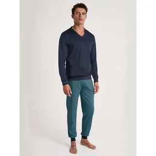 Schlafanzug CALIDA "Relax Streamline 1", Herren, Gr. XXL (58/60), blau (bright blau), Interlock, Obermaterial: 100% Baumwolle, lang, V-Ausschnitt, angesetztes Bündchen, Homewear-Sets Schlafanzug, Kontrastverarbeitung an Kragen & Brusttasche