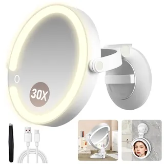 MOMOKUBA Vergrößerungsspiegel mit Saugnapf 30 Fache, Doppelseitiger Kosmetikspiegel mit Beleuchtung, EIN Badezimmerspiegel mit 3 Beleuchtungsmodi Eignet Sich, Schminkspiegel für Zimmer und Badezimmer