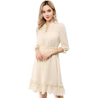 Allegra K Damen 3/4 Ärmel Rüschensaum Smocked A-Line Kurz Chiffon Minikleid Kleid Beige M