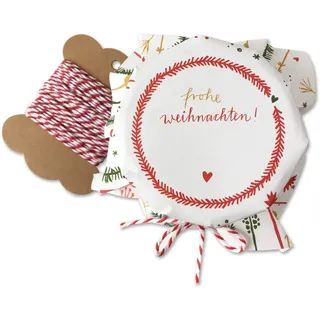 25 Marmeladendeckchen - Frohe Weihnachten - Gläserdeckchen Weiß Bunt für Marmelade, Marmeladengläser & Einmachgläser, Recyclingpapier Abreißblock + 10 m Garn + Justiergummi, Blumen & Tannenzweige