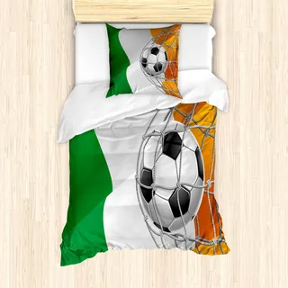 ABAKUHAUS irisch Mantele, Fußball im Netz Tor, Milbensicher Allergiker geeignet mit Kissenbezügen, 135 cm x 200 cm - 80 x 80 cm, Mehrfarbig