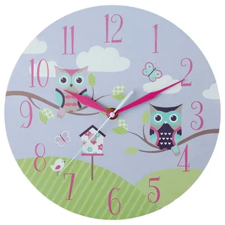 Premier Housewares Wanduhr für Kinder, Motiv: Eule, MDF, violett, 25 x 25 x 4 cm