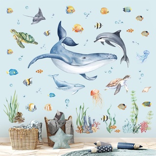 decalmile Wandtattoo Unter dem Meer Wal Wandaufkleber Unterwasserwelt Delphin Meeresschildkröte Ozean Wandsticker Babyzimmer Badezimmer Kinderzimmer Wanddeko