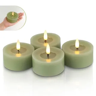 Rhytsing 4 Olivgrünen LED Kerzen mit Timer, Flammenlose Votivkerzen Echtwachs für Frühling und Sommer, Batteriebetriebene Teelichter mit Reflektierender Wachsoberfläche zu Adventskranz - D 7cm x H 3cm