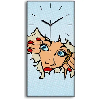 Wanduhr Uhr Wandbild Leinwand Quarz 30x60 Foto Comic Cartoon Pop Art Retro Frau - schwarze Hände - Blau