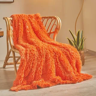 XeGe Luxuriöse Flauschige Couchdecke Sofa Kuscheldecke, warme winterliche Felldecke, hochwertige Kunstpelz Decke, zottelige Plüschdecke, 130x150 cm pelzige Wohndecke für Couch, Orange