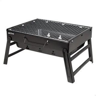 AKTIVE Tisch-Holzkohlegrill, Stahl, Tragbar, Schwarz, Rechteckig, Zusammenklappbar, 40x28x20 cm, Mit Tragegriff, Leicht zu transportieren, Campinggrill, Terrasse, Balkon, Holzkohlegrills, BBQ (63031)