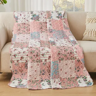 Qucover Patchwork Tagesdecke Patchworkdecke 150x200cm Rosa, Leicht Bunt Tagesdecke Einzelbett Sofadecke, Decke Blumen Ultraschall genäht im Landhausstil