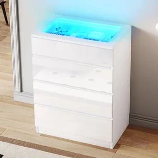 YITAHOME Kommode Weiß, Kommode Schlafzimmer Mit LED, Komode mit 4 Schubladen und Transparentes Glas Oben, Sideboard mit Hochglänzende Oberfläche und getrennte Lagerung, 40D x 60W x 90H cm