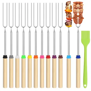 12 Stück Teleskop Grillspieße Edelstahl Grillspieße Teleskop Marshmallow Roasting Sticks Grillgabel mit Pinsel Lagerfeuerspieße für Camping Grill Gartenparty (31-81cm)