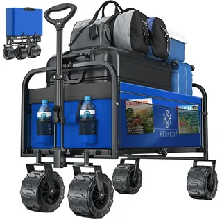 KESSER® Bollerwagen faltbar mit Breite Reifen Handwagen Transportkarre Gerätewagen | inkl. 2 Netztaschen | klappbar | Kunststoff-Reifen | bis 150 kg Tragkraft transportwagen Gartenanhänger - Blau