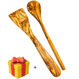 Olivenholz-erleben Kochlöffel-Set 2tlg. Olivenholz rund und Pfannenwender ohne Löcher 30 cm Braun