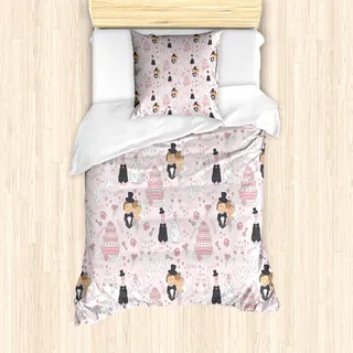 ABAKUHAUS Hochzeit Mantele, Zeichnung Muster-Hochzeit, Milbensicher Allergiker geeignet mit Kissenbezügen, 135 cm x 200 cm - 80 x 80 cm, Rosa, Weiß, Schwarz - Rosa