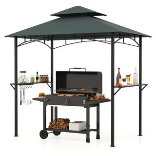 COSTWAY Grillpavillon wetterfest, Grillüberdachung mit Doppeldach, Seitenregalen & 7 Haken, Grillunterstand Pavillon Metallrahmen, 240x151x255cm Grau - Grau