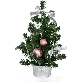 Rosa Weihnachtsbaum 25 cm mit silbernen Schleifen und Kugeln - Grün