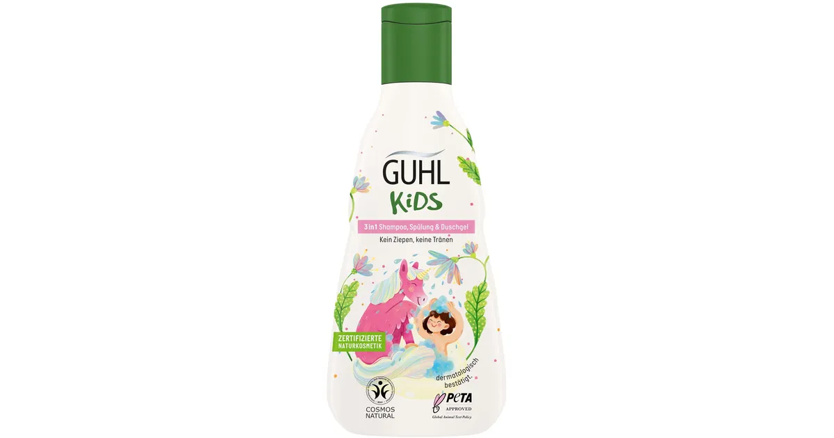 Guhl Set di vantaggi per bambini Unicorno – 2 x Guhl Kids 3 in 1 shampoo, balsamo e gel doccia, 250 ml + 1 libro Pixi – Appositamente progettato per i