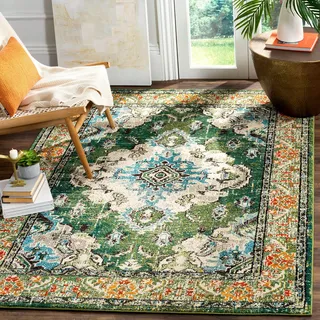 SAFAVIEH Boho Teppich für Wohnzimmer, Esszimmer, Schlafzimmer - Monaco Collection, Kurzer Flor, Waldgrün und Hellblau, 122 X 170 cm