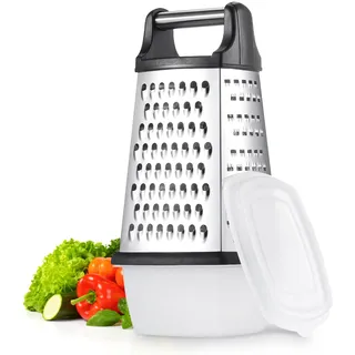 TELANKS Vierkantreibe Edelstahl, Grater Kitchen, 4-seitige Reibe mit Behälter, Reibe für Gemüse, Käsereibe, Küchenreibe, 4 unentbehrliche Küchenfunktionen für Grobes, Mittleres, Feines und Hobeln