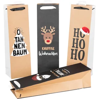 heku Weihnachts-Flaschentaschen mit Hotfoil-Veredelung und Prägung, 24 Stück I X-mas Nature Trend mit 4 Motiven I Hochwertiges Papier I Vielseitige Größe für Wein & Spirituosen 40x10x12cm