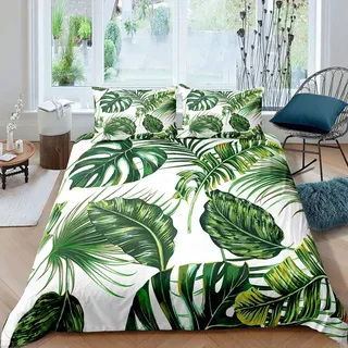 Homewish Palm Leaves Trösterbezug Monstera Bananenblätter Bettbezug Hawaiian Tropical Leaves Bettwäsche Set Grüne Blätter Zweige Bettbezug für Herren Damen,Weiß 2 Stücke 155x220