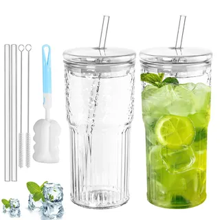WANDGU 2 Stück 650ml Glasbecher: Trinkglas mit Deckel und Strohhalm, Weithals Iced Coffee Glas aus Hochwertigem Glas, luftdichtes und Wasserdichtes Design, Ideal als Kaffee
