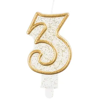 GoDan Beauty&Charm Geburtstagskerze Zahl 3 Größe 6,5 cm, Wachskerze in Weiß mit Golden Umriss und Glitzer, Zahlenkerze zur Dekoration von Geburtstagskuchen, Geburtstagstorte, Geburtstagszug