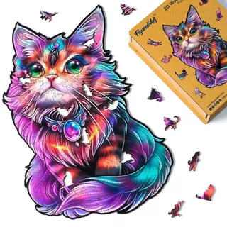 Figured'Art Holzpuzzle Erwachsene und Kinder 200 Teile Tiere - Bunter Katze mit Edelstein - Originelles Design 25,2x39 cm Einzigartige Form mit Premium-Holzkiste