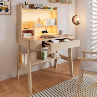 FAVSH Kinder Schreibtisch, Höhenverstellbarer Kinderschreibtisch aus Massivholz, mit LED-Lichtleiste, USB-Anschluss, Schublade & Stauraum, für Kinder ab 6 Jahren, Hausaufgaben, Lernen (Natur)