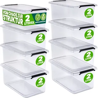 DEUBA® 8x Aufbewahrungsbox mit Deckel 2L Box Kunststoff Kisten lebensmittelecht BPA frei klein Klickverschluss transparent stapelbar Küche Schlafzimmer - Transparent