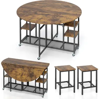 COSTWAY 3 TLG. Essgruppe, Esstisch klappbar mit 2 Hocker, Küchentisch auf Rollen, Esszimmertisch mit Weinregal & Ablagen, Esszimmergruppe Vintage - Naturbelassen, Schwarz