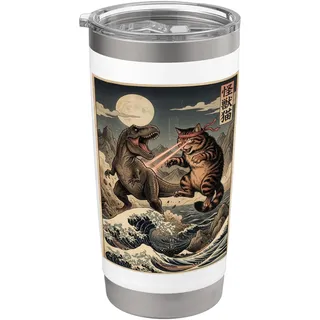 Vintage Retro Cat Vs Monster Trex Japanisch Japan Ukiyo-e Art Doppelwandiger Edelstahl-Thermobecher