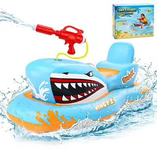 Wingyz Pool Spielzeug, Haifisch Luftmatratze Kinder mit Wasserpistole,Aufblasbares Schwimmtier Boot 3-12 Jahre, Wasserspielzeug Planschbecken Garten, Geschenk Jungen & Mädchen