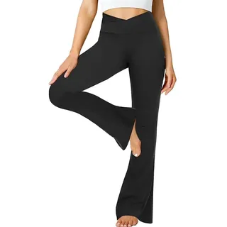FuelMeFoot Flared Yogahose Damen Leggings High Waist Schlaghose Blickdicht Leggins Bootcut Jogginghose Jazzpants mit Bauchkontrolle Fitness. 1 Pack-01-Schwarz Kreuz L