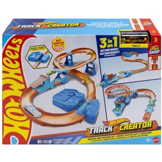 Hot Wheels Spielzeugauto Streckenset, Deluxe-Bauset mit motorisiertem Beschleuniger, Fahrzeug im Maßstab 1:64, Track-Schnellstecksystem, Beschleuniger-Sprung-Schnellstrecke,JDB49