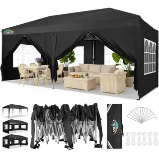 COBIZI Pavillon 3x6 Faltpavillon Wasserdicht Stabil Winterfest Faltbar Partyzelt mit 6 Seitenteilen Pop up Gartenpavillon UV Schutz 50+ Höhenverstellbar für Strand Hochzeit Camping, Schwarz
