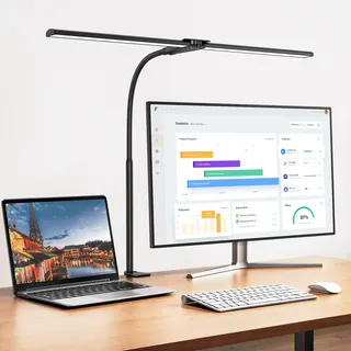 Schreibtischlampe LED Dimmbar, 1200 Lumen Doppelkopf Klemmbar für Homeoffice, Augenschutz Schwanenhals Büro Tischlampe, Monitor Lampe Schwarz mit 5 Farbtemperatur-Helligkeitsstufen