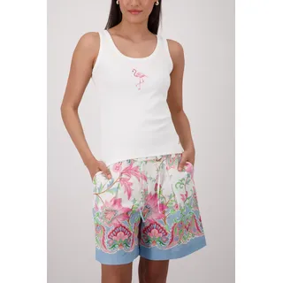 Tanktop MONARI "Top Flamingo", Damen, Gr. 46, ecru, Web, Obermaterial: 95% Baumwolle, 5% Elasthan, unifarben, regular fit taillenbedeckt, Rundhals, Tops Tanktop, Regular fit mit Flamingo-Print
